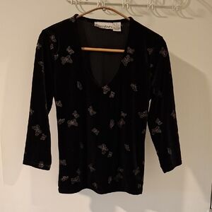 Currants Vintage Y2K Stretch Velvet Top with Glitter Butterfly Print (Size S)